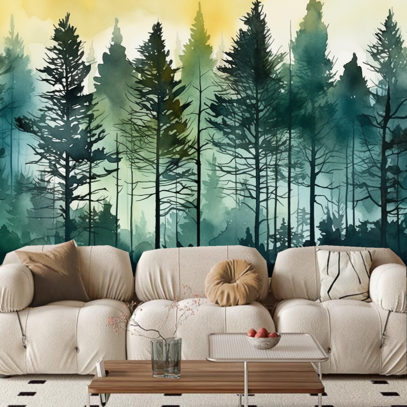 Watercolor Green Pine Tree Forest Wallpaper Wall Mural Home Decor