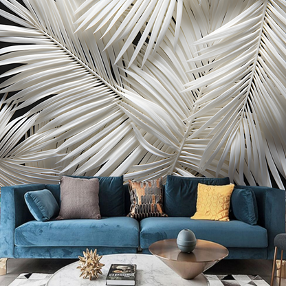 Dark Background White Palm Leaf Wallpaper Wall Mural Wall Decor