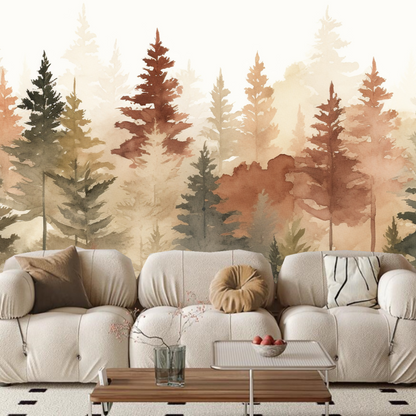 Watercolor Pine Tree Forest Wallpaper Wall Mural Home Decor