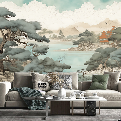 Tropical Rainforest Pine Tree with Flying Birds Water and Mountains Nature Wallpaper Wall Mural Home Decor