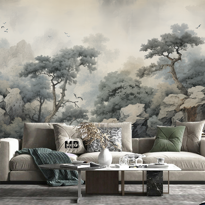 Grey Tropical Rainforest Pine Tree with Flying Birds Nature Wallpaper Wall Mural Home Decor