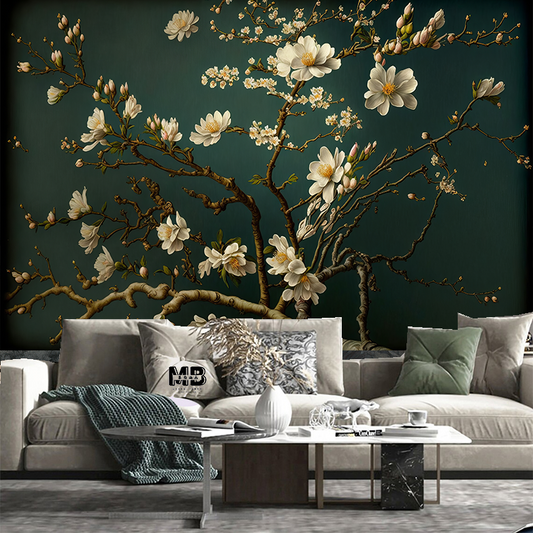 Dark Green Background White Magnolia Flowers Floral Wallpaper Wall Mural Home Decor