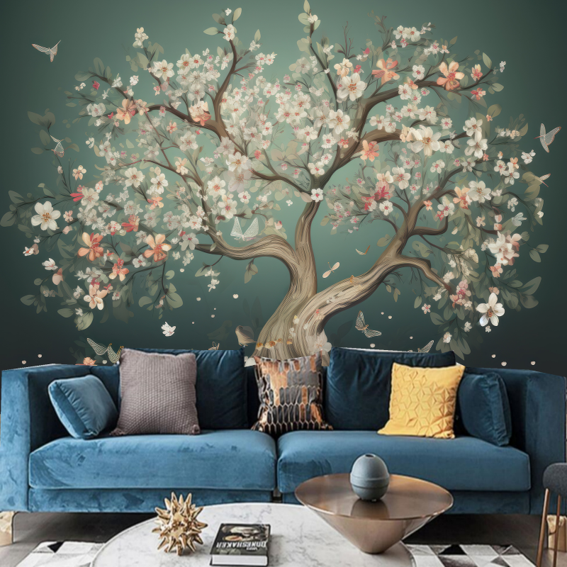 Abstract One Large Tree with Flowers and Butterflies Wallpaper Wall Mural Wall Decor