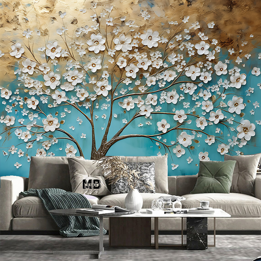 3D White Flowers Tree Wallpaper Wall Mural Home Decor