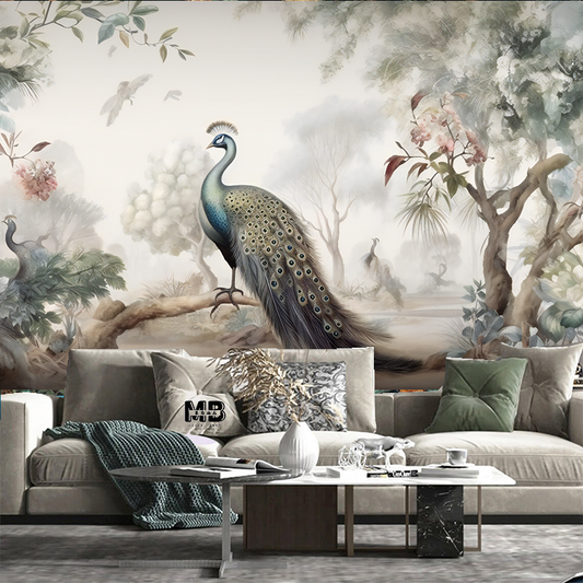 Chinoserie Pink Flowers Tree and Peacocks Wallpaper Wall Mural Home Decor