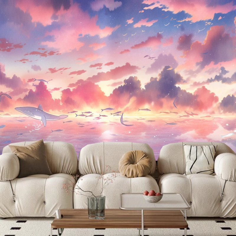 Purple and Pink Clouds with Flying Shales Wallpaper Wall Mural Wall Decor