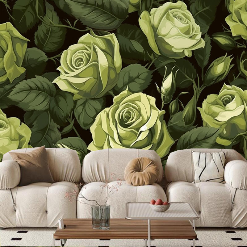 Dark Background Green Rose with Leaves Floral Wallpaper Wall Mural Wall Decor