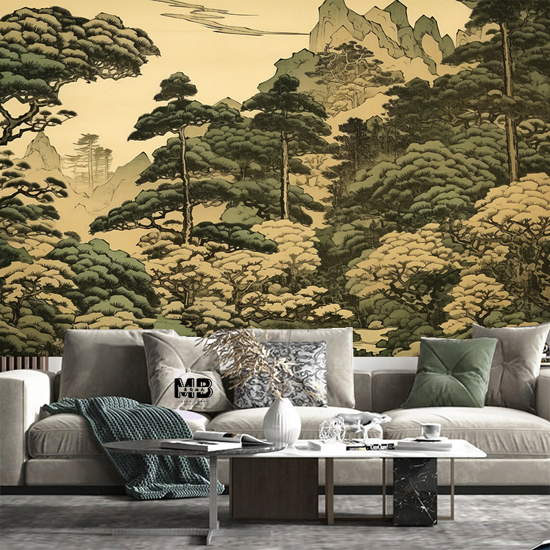 Chinese Style Pine Tree and Mountains Nature Wallpaper Wall Mural Home Decor