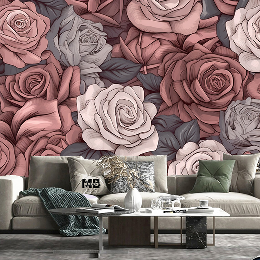 Dark Background Pink and White Flowers Rose Floral Wallpaper Wall Mural Home Decor