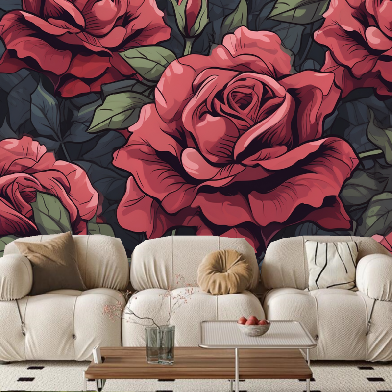 Dark Background Red Rose with Green Leaves Floral Wallpaper Wall Mural Wall Decor