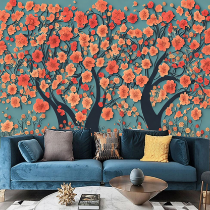 Abstract One Large Tree with Flowers Wallpaper Wall Mural Wall Decor