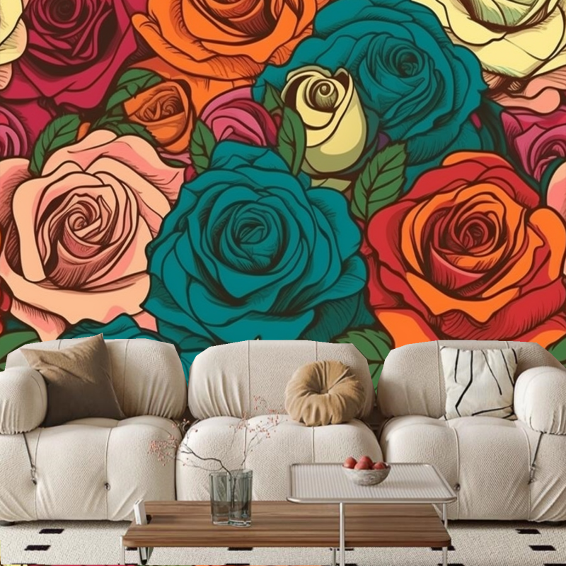 Dark Background Red and Green Rose Leaves Floral Wallpaper Wall Mural Wall Decor