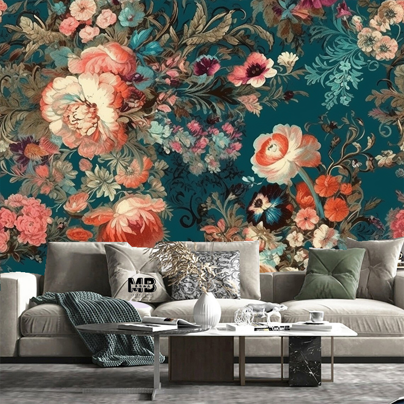 Dark Blue Background Coral Flowers Floral Wallpaper Wall Mural Home Decor