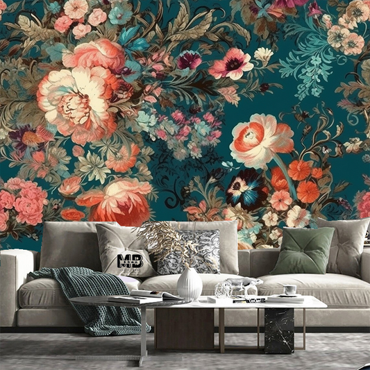 Dark Blue Background Coral Flowers Floral Wallpaper Wall Mural Home Decor