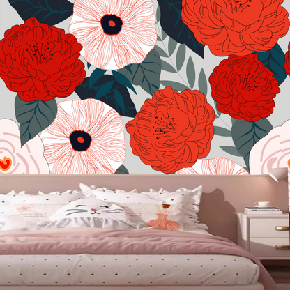 Watercolor Red Flowers and Leaves Herbs Kids' Baby Girls' Room Nursery Wallpaper Wall Mural Home Decor