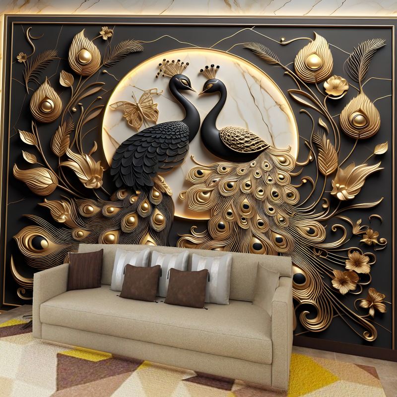 3D Gold and Black Peacocks Wallpaper Wall Mural Home Decor