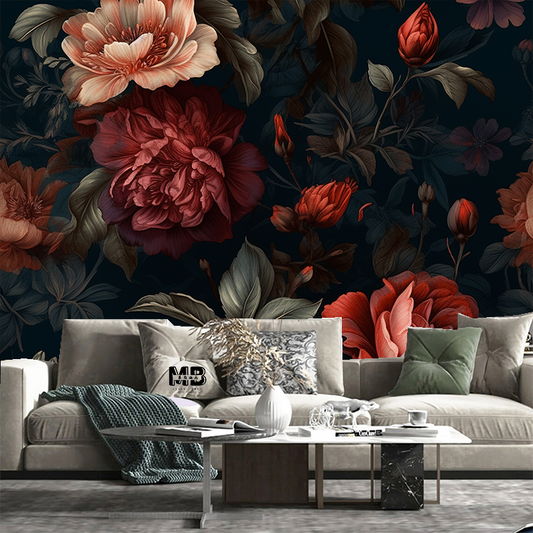 Dark Brown Background Red  Flowers Floral Wallpaper Wall Mural Home Decor