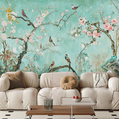 Chinoiserie Tree Flowers with Many Birds Wallpaper Wall Mural Home Decor