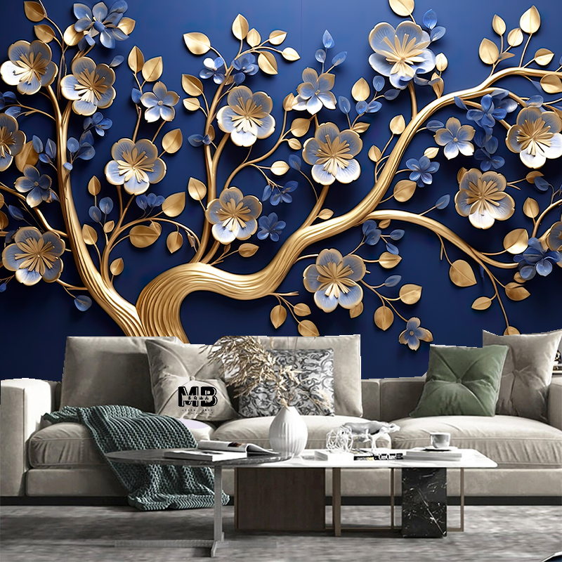 3D Hanging Blue Flowers Tree Wallpaper Wall Mural Home Decor