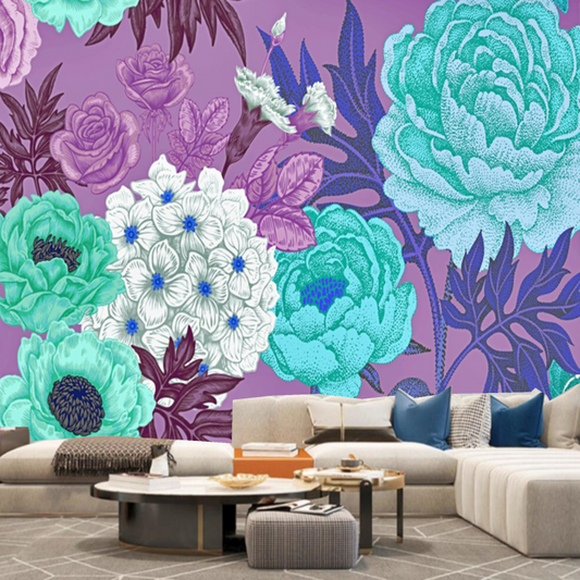 Purple and Blue Peony Flowers Floral Wallpaper Wall Mural Home Decor