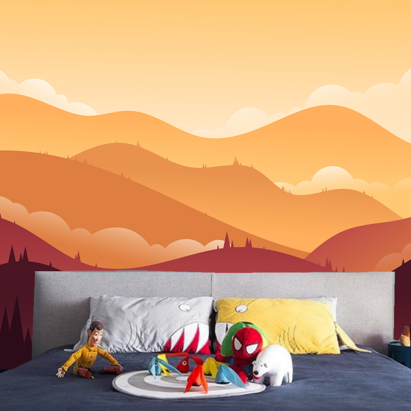 Watercolor Orange Mountains Children's Kids'Babies' Room Nursery Wallpaper Wall Mural Home Decor