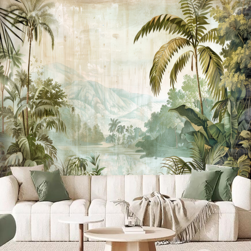 Tropical Rainforest Trees and Plants with Mountains Nature Wallpaper Wall Mural Home Decor