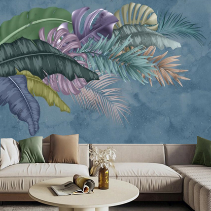 Blue Background Colorful Feathers Wallpaper Wall Mural Home Decor