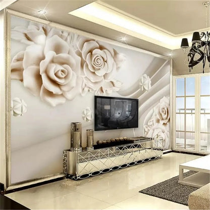 3D Flower Embossed Jade Carving Rose Wallpaper Wall Mural Home Decor