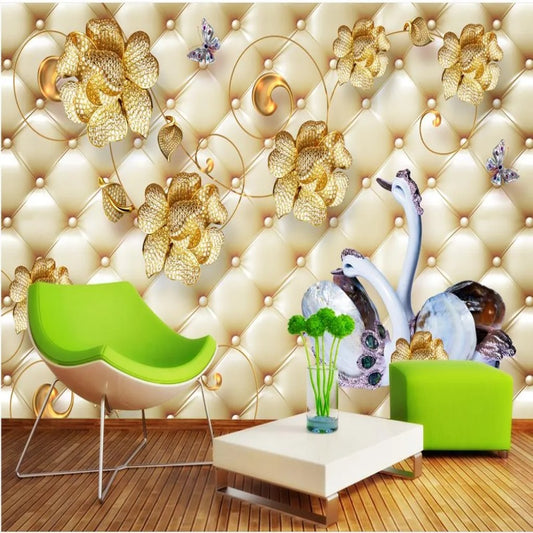3D Luxury Jewelry Flower White Swan Wallpaper Wall Mural