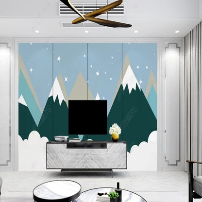 Cartoon Triangle Mountains Snow and Stars Kids'Children's Room Nursery Wallpaper Wall Mural Home Decor