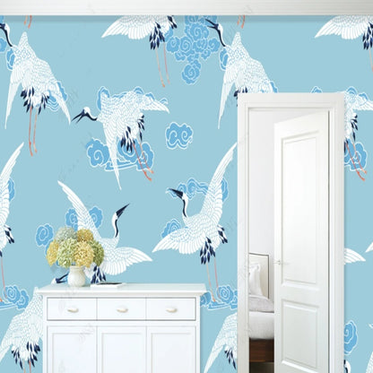 Chinoiserie Brushowrk Flying Cranes Wallpaper Wall Mural Home Decor