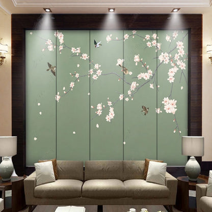 Chinoiserie Brushwork Green Background Cherry Blossom with Birds Wallpaper Wall Mural Home Decor