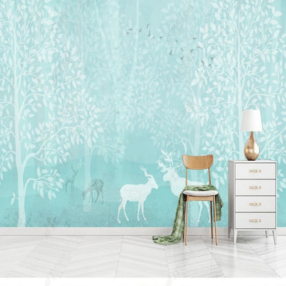 Blue Background White Trees Forest Wallpaper Wall Mural Wall Covering