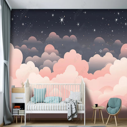 Cartoon Pink Clouds and Stars Nursery Wallpaper Wall Mural Wall Covering Home Decor