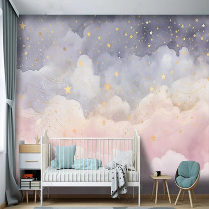 Cartoon Pink Clouds and Yellow Stars Nursery Wallpaper Wall Mural Wall Covering Home Decor