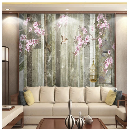 Chinoiserie Brushwork Cherry Blossom with Birds Wood Background Wallpaper Wall Mural Home Decor