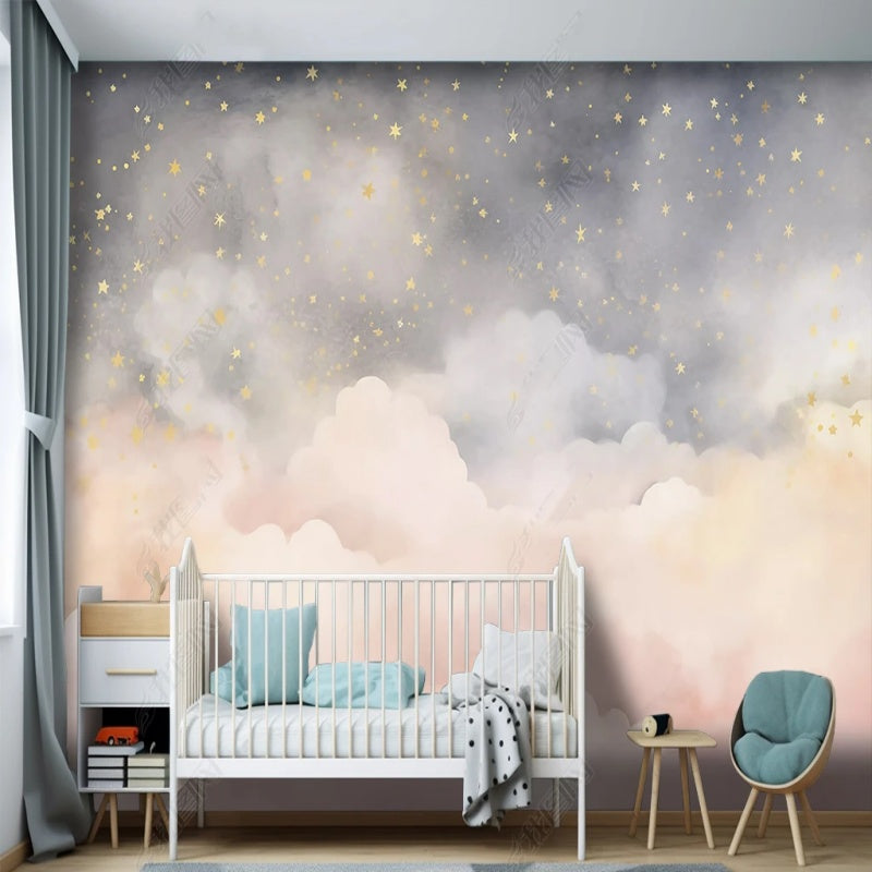 Cartoon Light Pink Clouds and Yellow Stars Nursery Wallpaper Wall Mural Wall Covering Home Decor