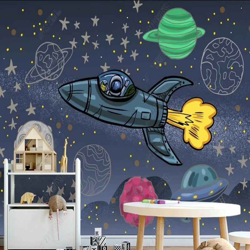 Cartoon Blue Background Planets and Rocket Nursery Wallpaper Wall Mural Home Decor