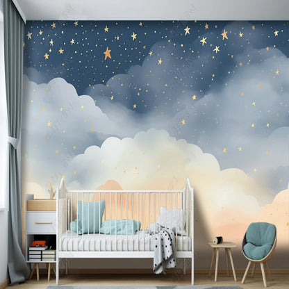 Cartoon Blue Sky Clouds and Yellow Stars Nursery Wallpaper Wall Mural Wall Covering Home Decor