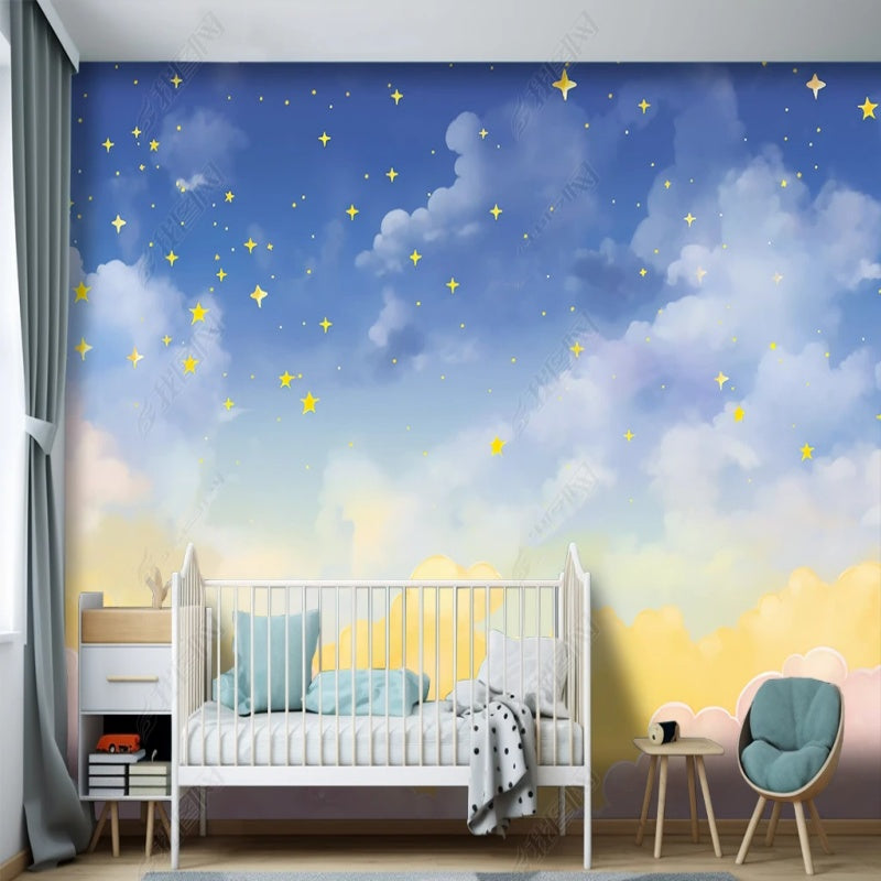 Cartoon Blue Sky Clouds and Yellow Stars Nursery Wallpaper Wall Mural Wall Covering Home Decor