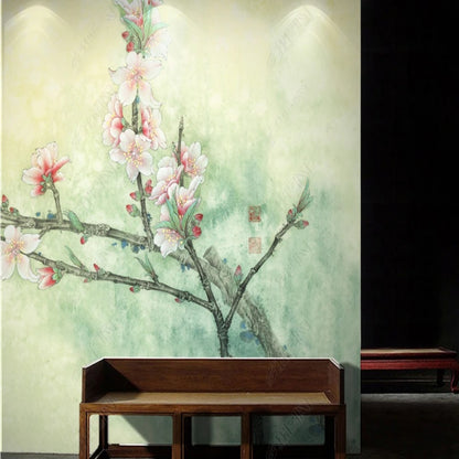 Chinoiserie Brushwrok Pink Plum Blossom Tree Wallpaper Wall Mural Wall Covering Home Decor