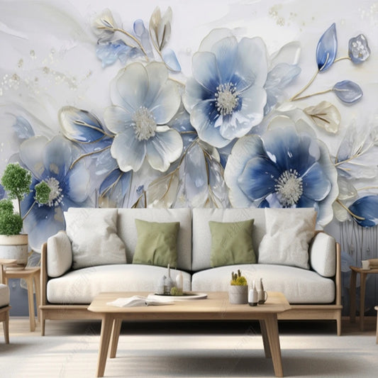 Blue Flowers Blossom Floral Wallpaper Wall Mural Home Decor