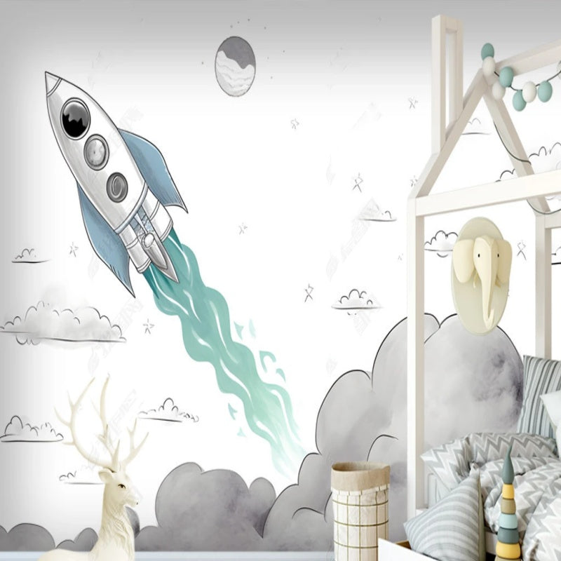 Cartoon Rocket Space Nursery Wallpaper Wall Mural Wall Covering