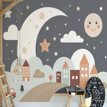 Cartoon Clouds and Moon Stars Nursery Wallpaper Wall Mural Home Decor