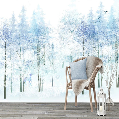 Light Blue Tree Forest with Deer Wallpaper Wall Mural Home Decor