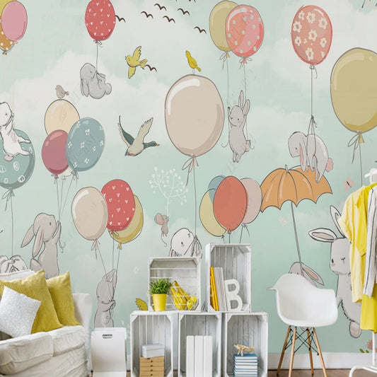 Cartoon Colorful Hot-air Ballons with Lovely Rabbits Nursery Wallpaper Wall Mural Home Decor
