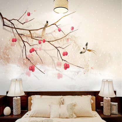 Chinoiserie Brushwrok Tree Branch with Fruits and Birds Wallpaper Wall Mural Wall Covering Home Decor