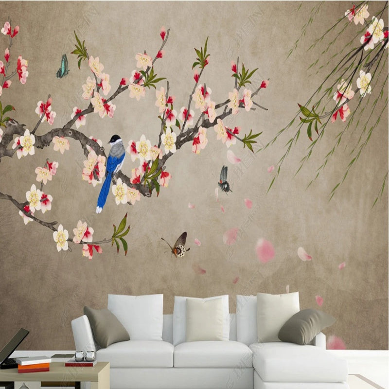 Chinoiserie Brushwork Hanging Plum Blossom with Birds Bamboo Wallpaper Wall Mural Home Decor