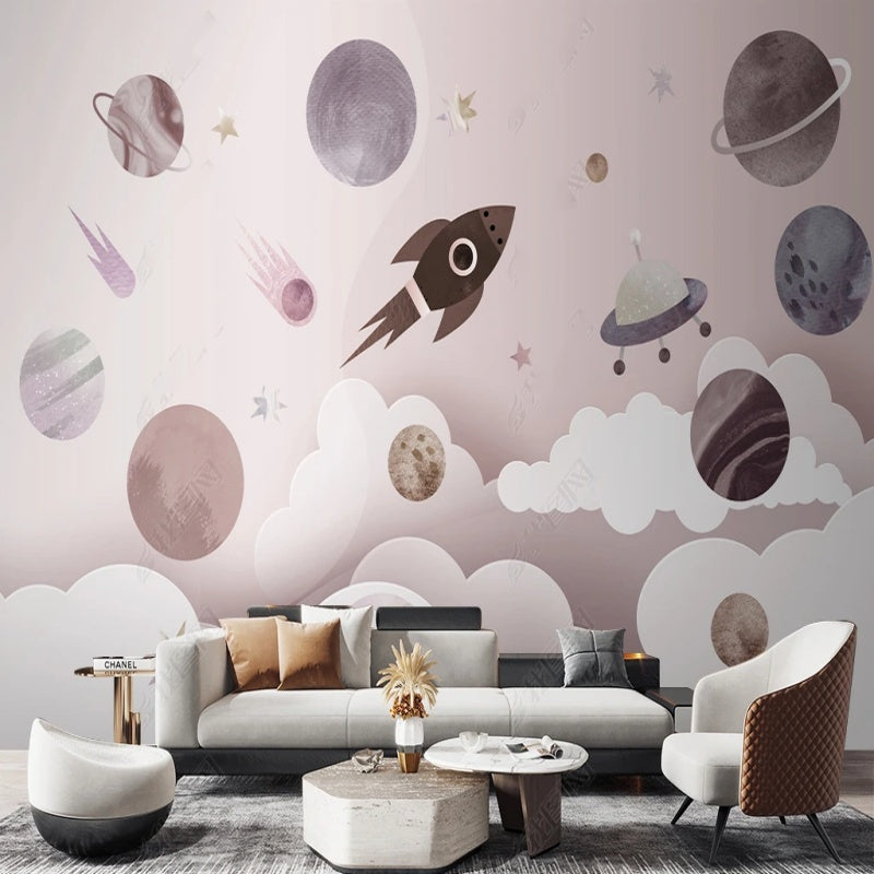 Cartoon Pink Planets and Rocket Space Universe Nursery Wallpaper Wall Mural Wall Covering