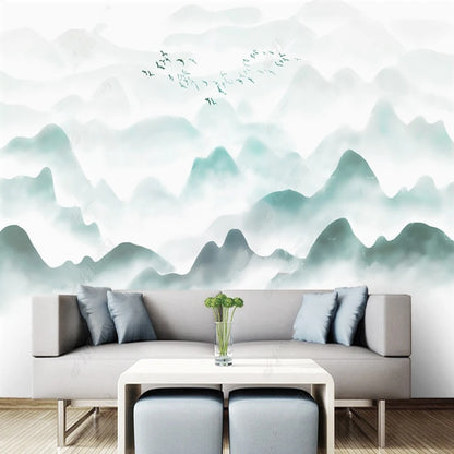 Green Mountains Nature Landscape with Flying Birds Wallpaper Wall Mural Wall Covering